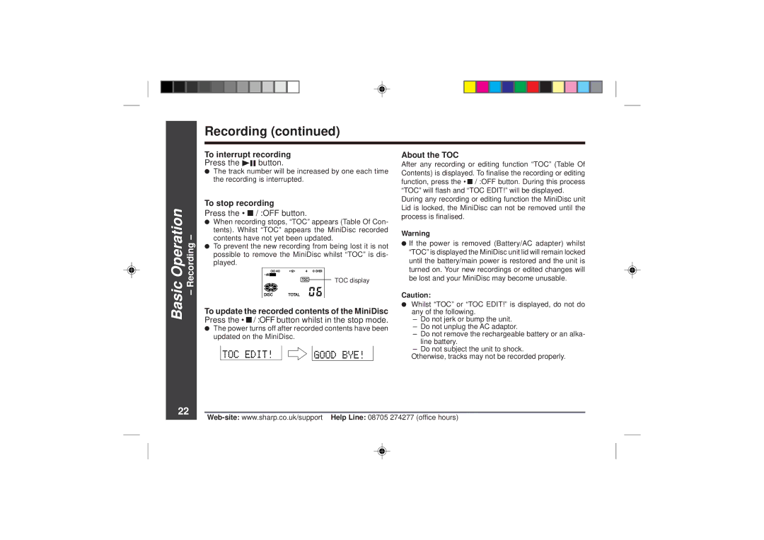 Sharp MD-MT866H To interrupt recording, To stop recording, To update the recorded contents of the MiniDisc, About the TOC 