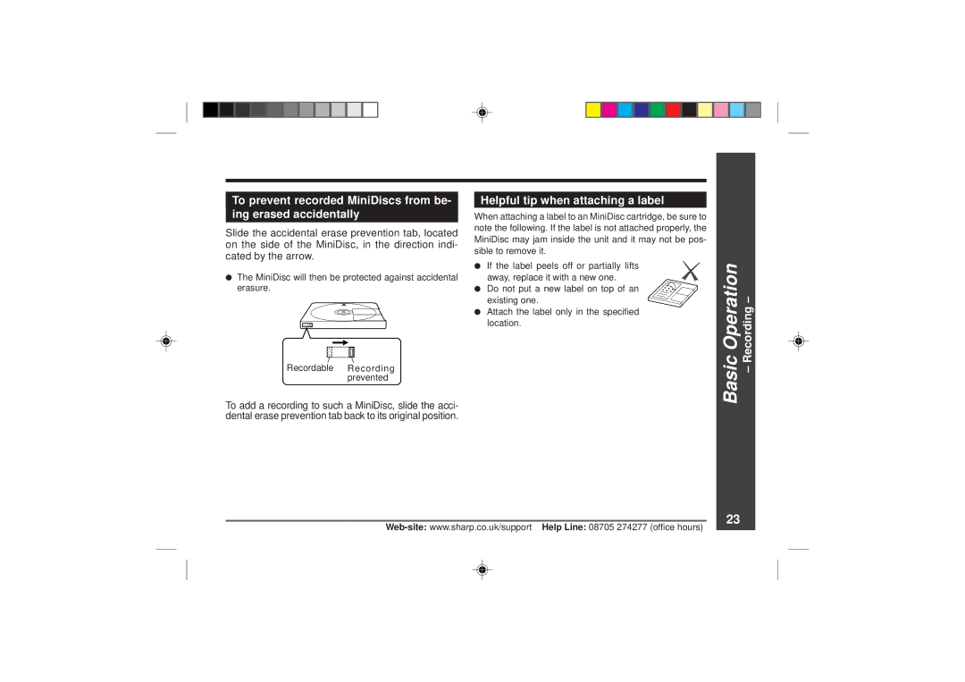 Sharp MD-MT866H operation manual Operation, Helpful tip when attaching a label, Recording, Basic 