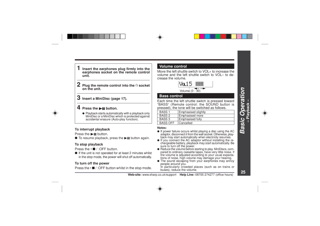 Sharp MD-MT866H Volume control, Bass control, To interrupt playback, To stop playback, To turn off the power 