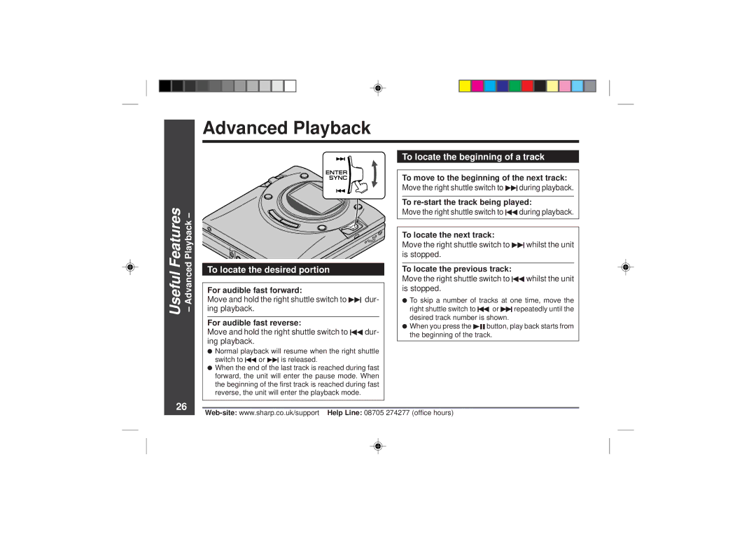 Sharp MD-MT866H operation manual Advanced Playback, To locate the beginning of a track 