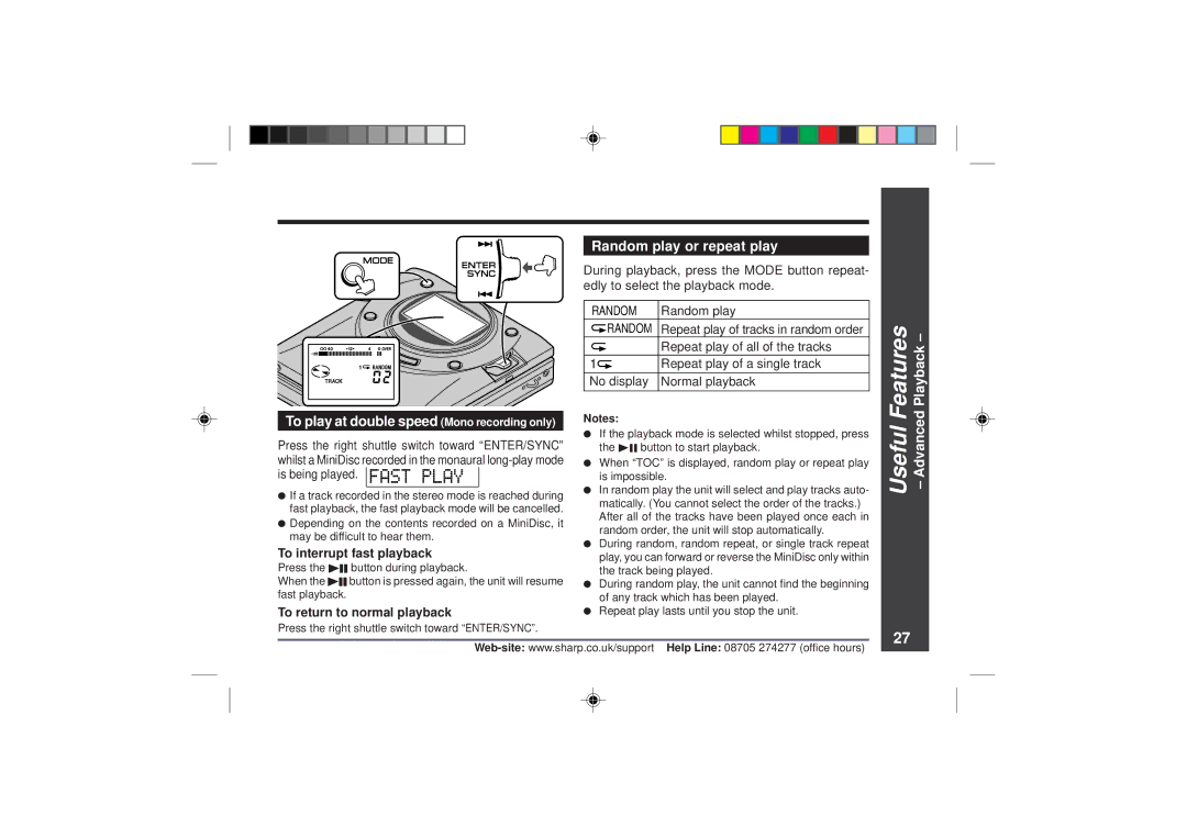 Sharp MD-MT866H operation manual Random play or repeat play, Useful Features Advanced Playback, To interrupt fast playback 