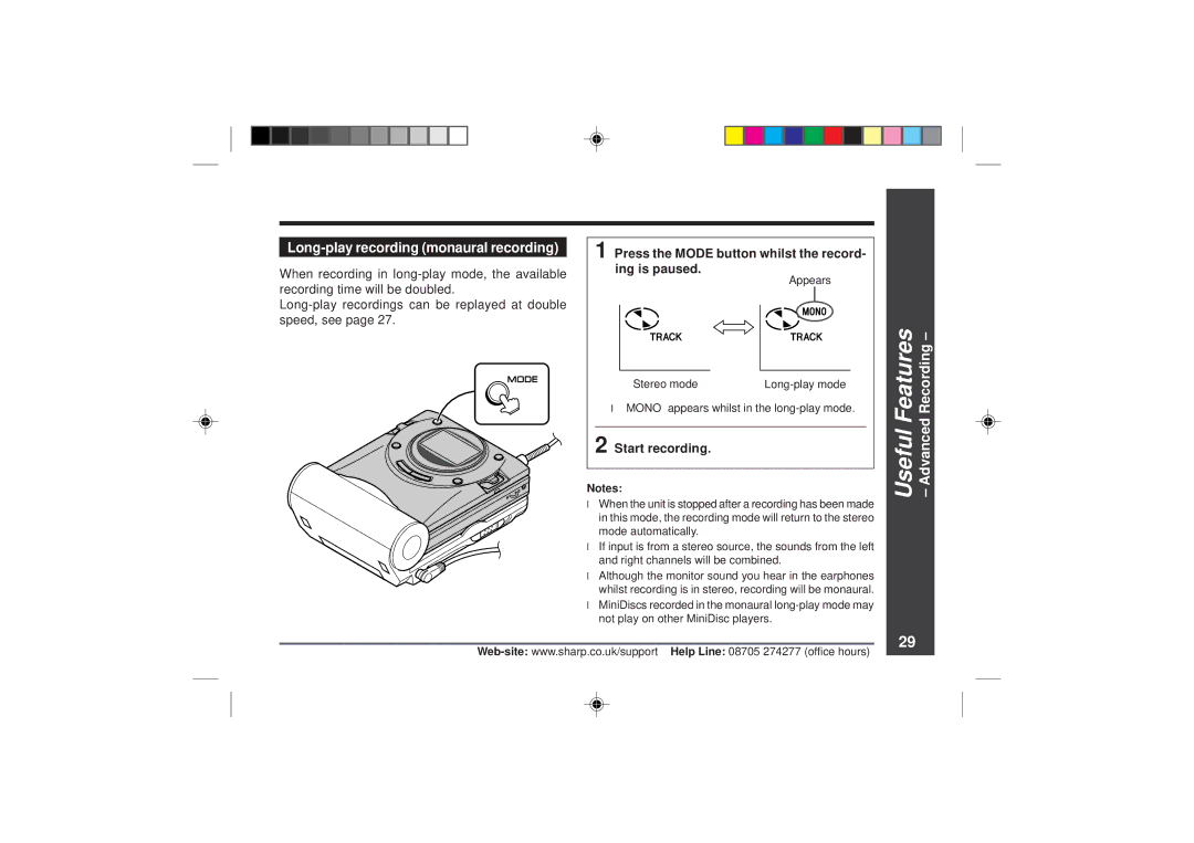 Sharp MD-MT866H Long-play recording monaural recording, Useful Features Advanced Recording, Start recording 