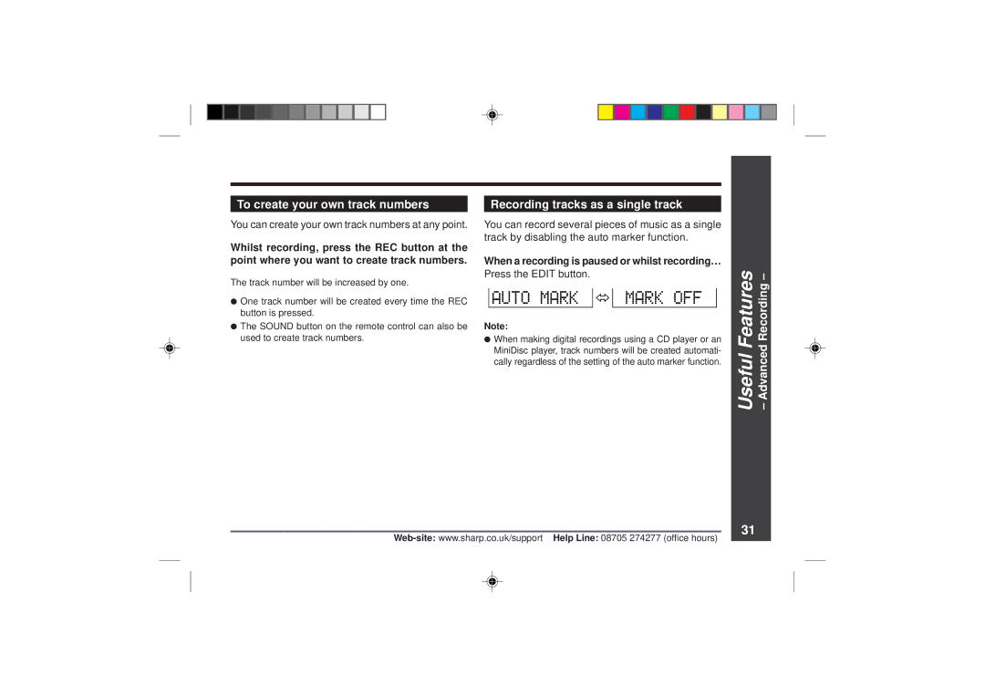 Sharp MD-MT866H To create your own track numbers, Recording tracks as a single track, Press the Edit button 