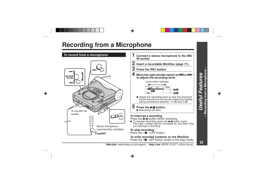 Sharp MD-MT866H To record from a microphone, Useful Features Recording from a Microphone, To interrupt a recording 