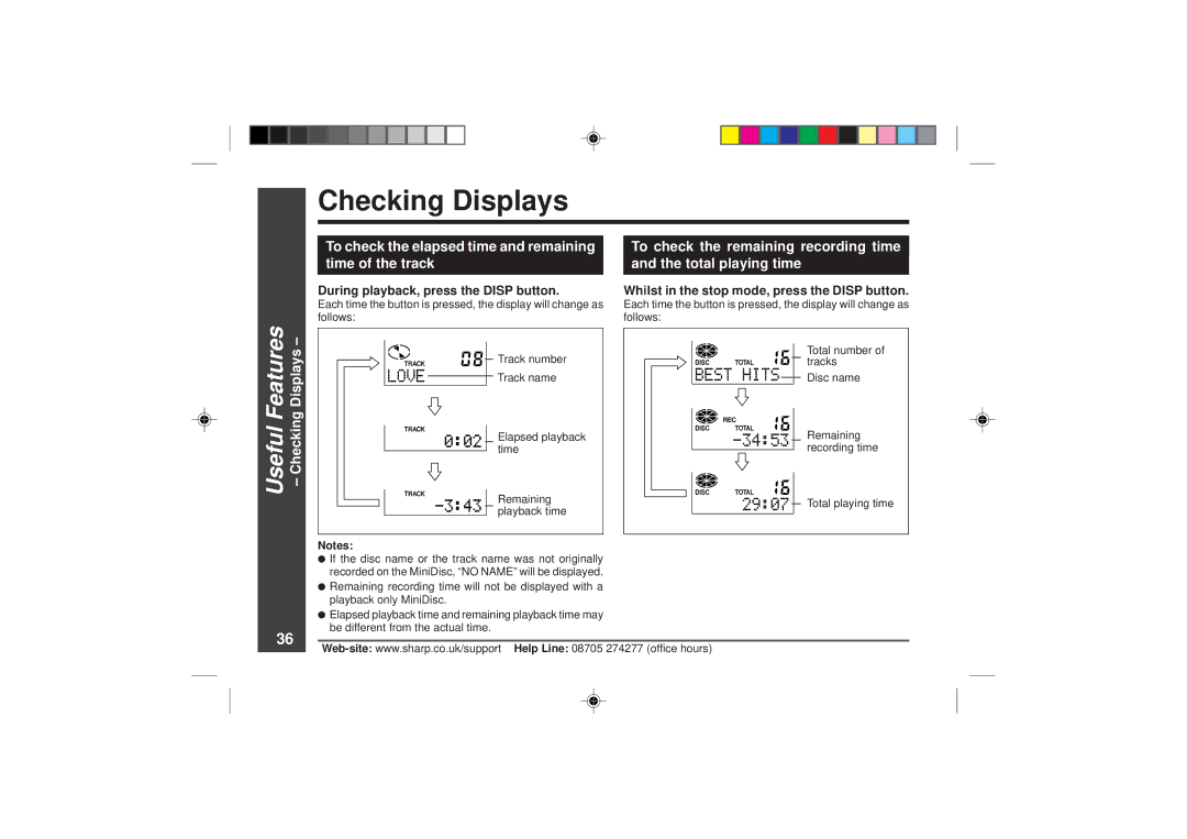 Sharp MD-MT866H operation manual Checking Displays, To check the elapsed time and remaining time of the track 