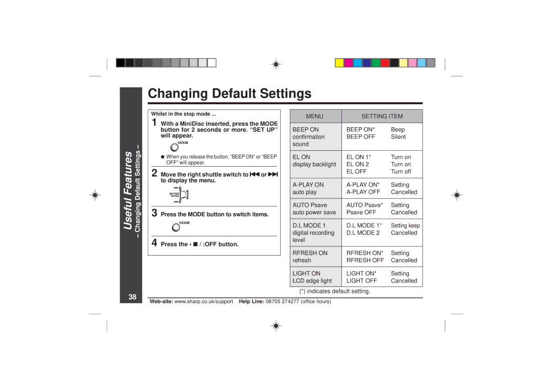 Sharp MD-MT866H operation manual Changing Default Settings, Features 