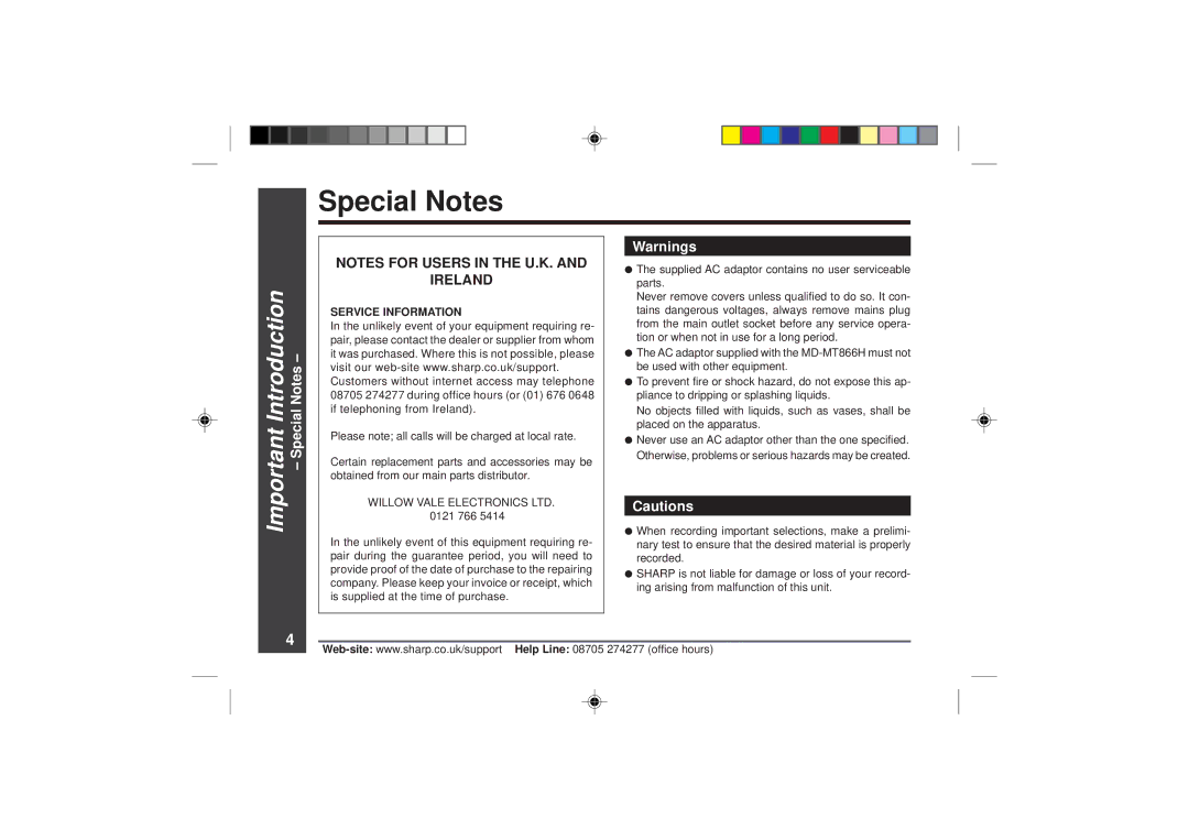 Sharp MD-MT866H operation manual Special Notes, Important Introduction 