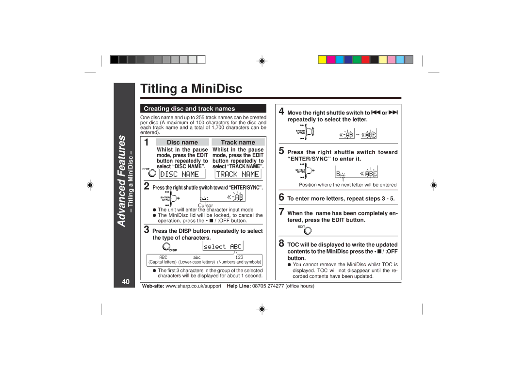 Sharp MD-MT866H operation manual Titling a MiniDisc, Advanced, Creating disc and track names 