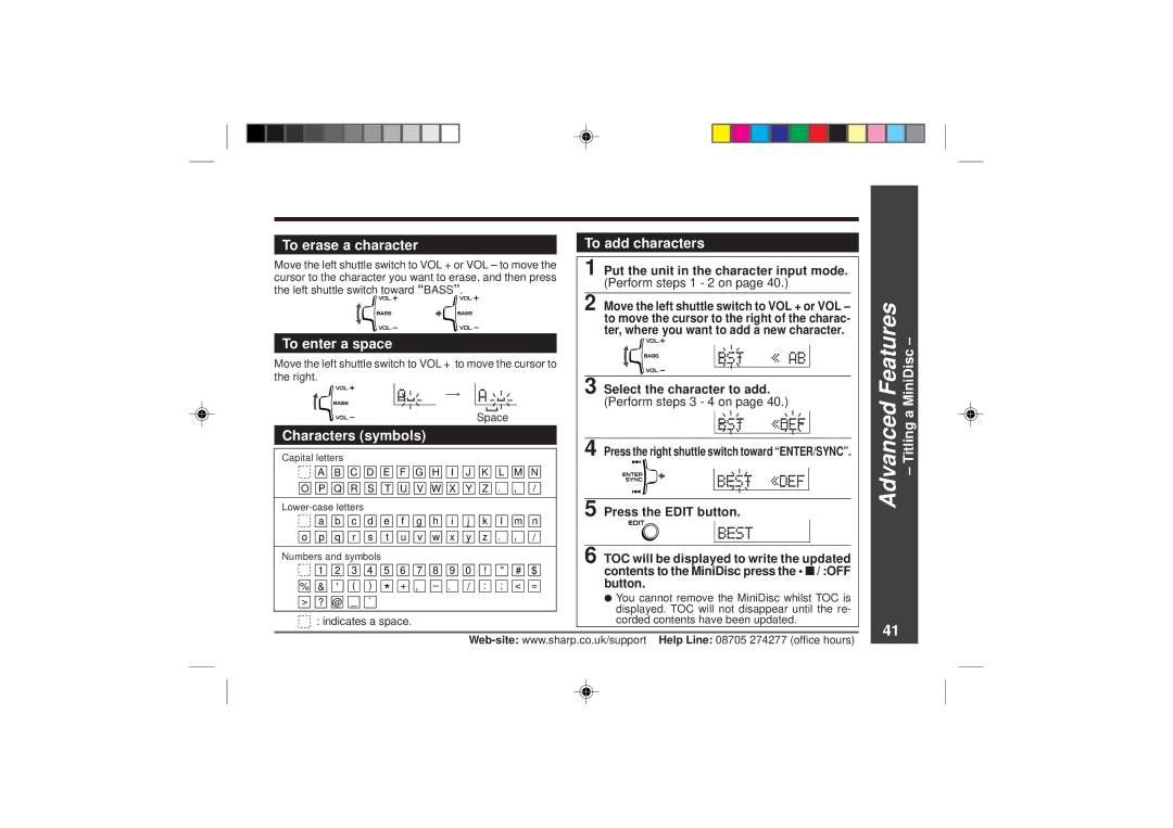 Sharp MD-MT866H operation manual To erase a character, To enter a space, Characters symbols, To add characters 