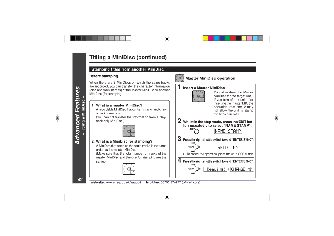 Sharp MD-MT866H operation manual Stamping titles from another MiniDisc, Before stamping, What is a master MiniDisc? 