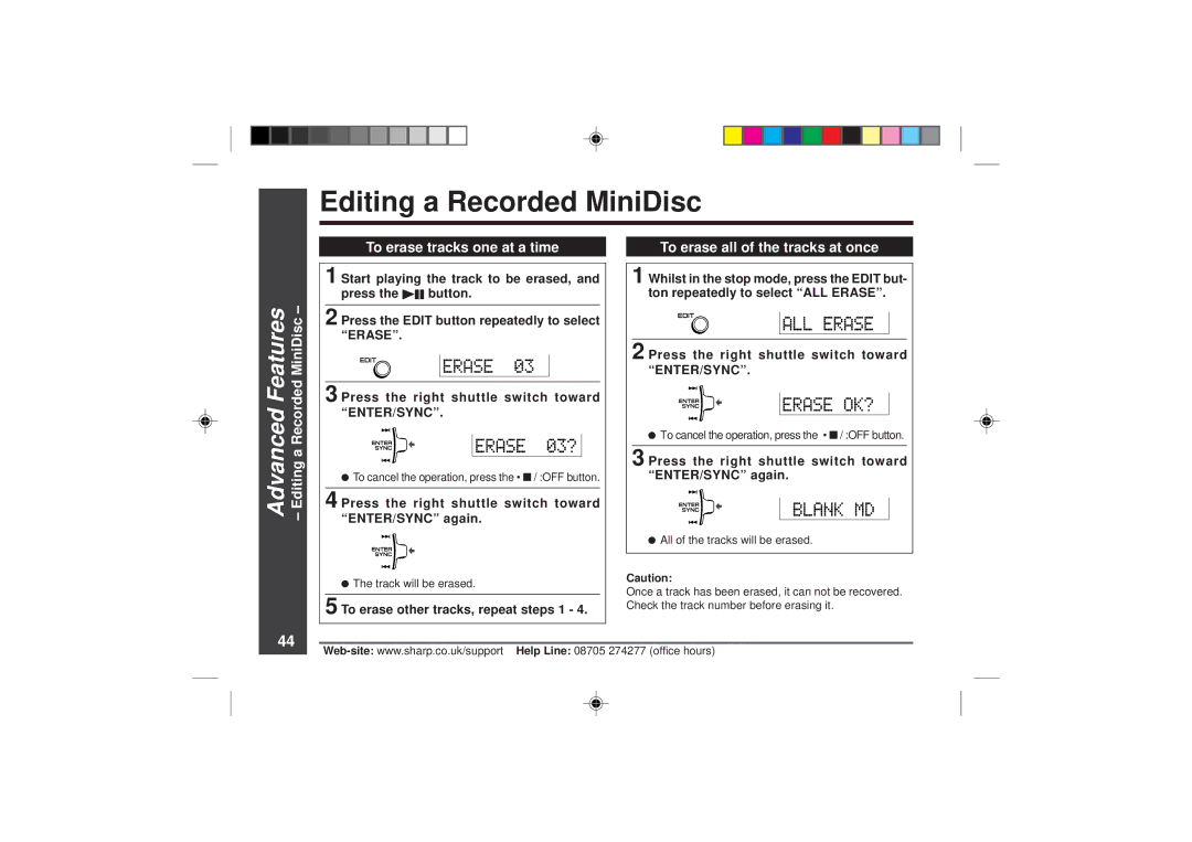 Sharp MD-MT866H operation manual Editing a Recorded MiniDisc, Advanced Features, To erase tracks one at a time 