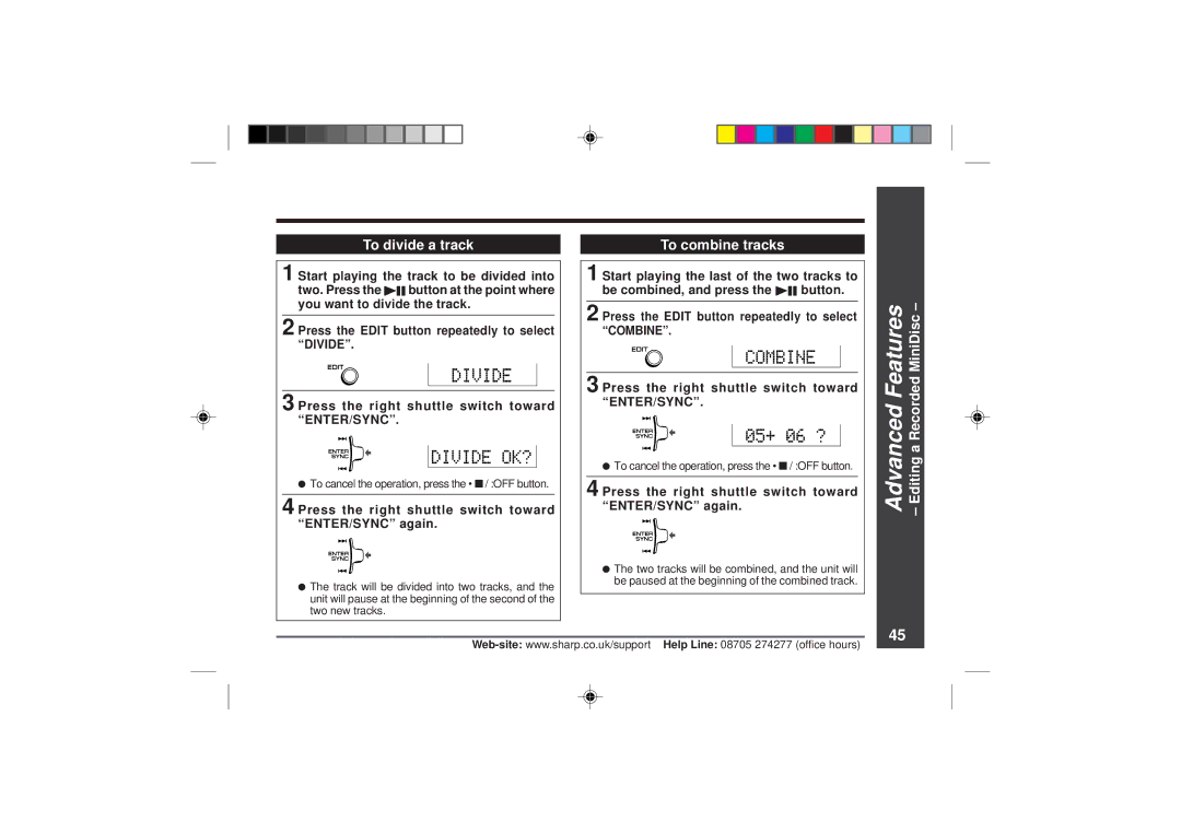 Sharp MD-MT866H operation manual To divide a track, To combine tracks, Press the Edit button repeatedly to select Divide 