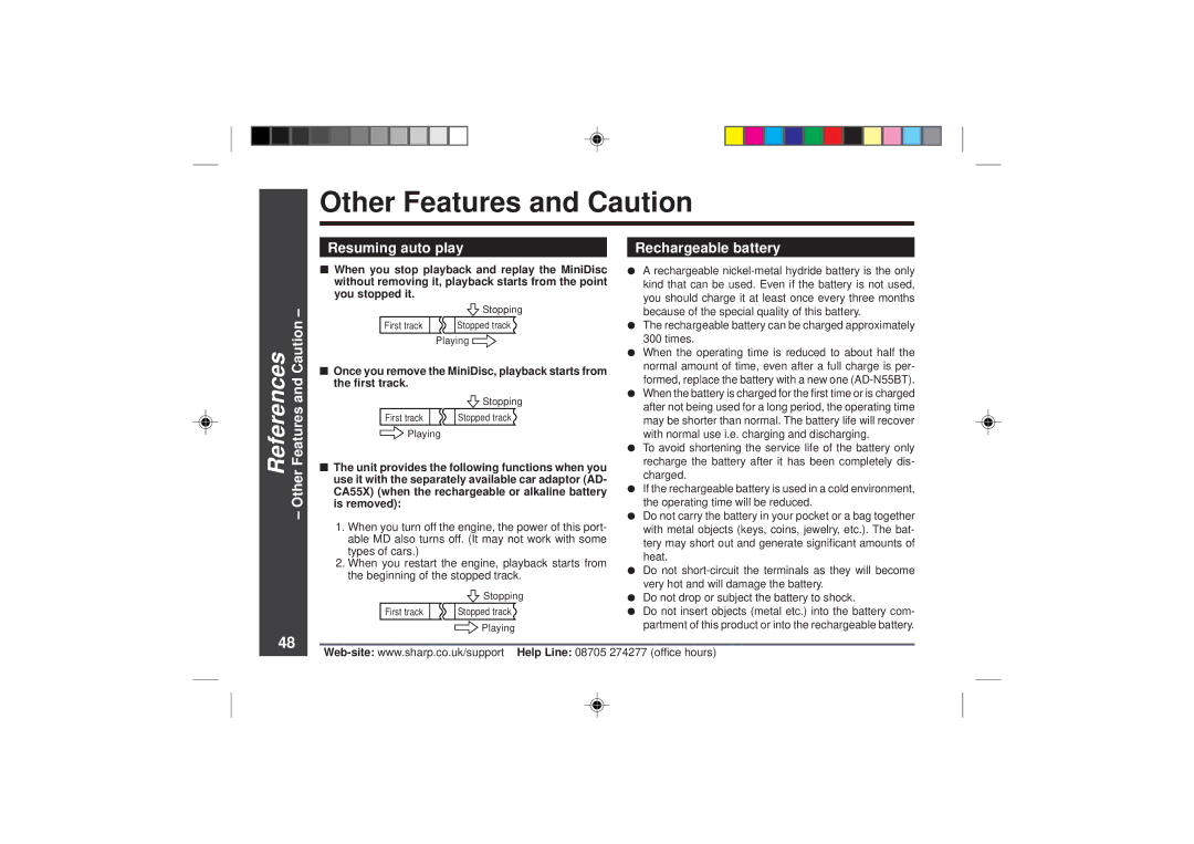 Sharp MD-MT866H operation manual References Other Features and Caution Resuming auto play, Rechargeable battery 