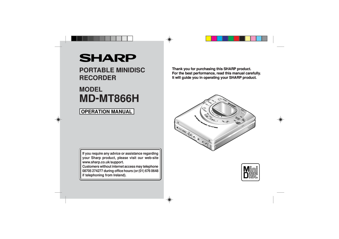 Sharp MD-MT866H operation manual Portable Minidisc Recorder Model, Operation Manual 