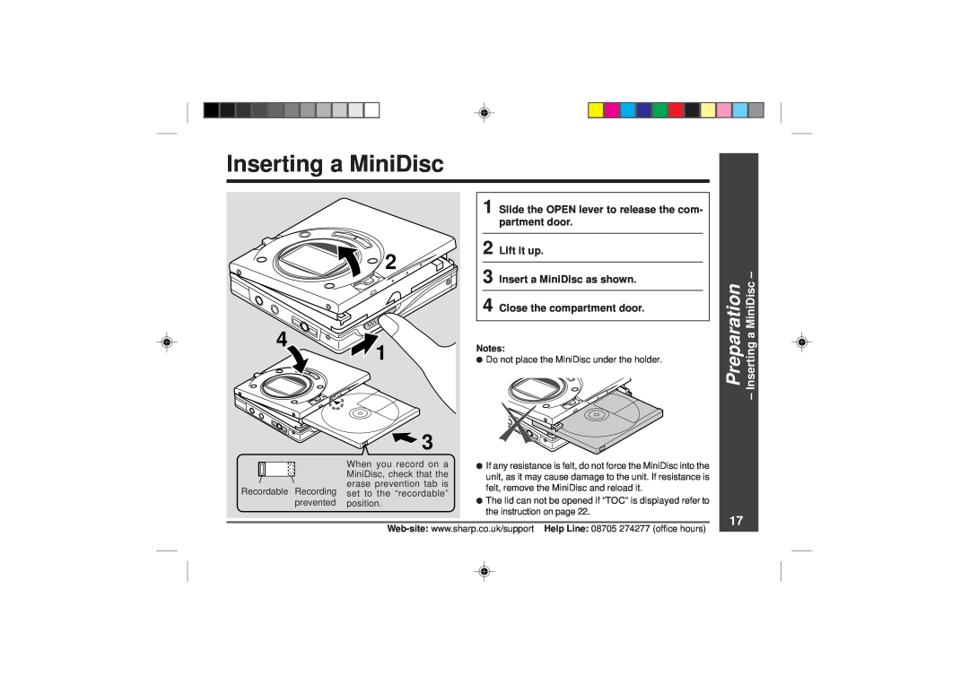 Sharp MD-MT866H Inserting a MiniDisc, Preparation, Lift it up 3 Insert a MiniDisc as shown, Close the compartment door 