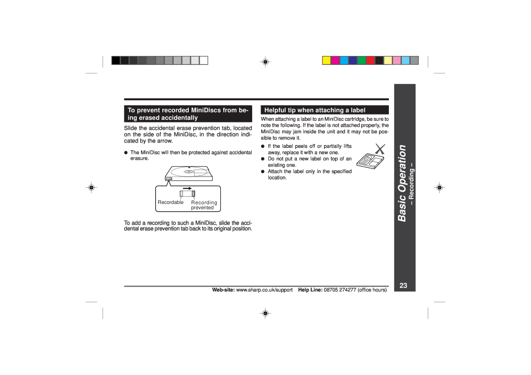 Sharp MD-MT866H operation manual Operation, Helpful tip when attaching a label, Recording, Basic 