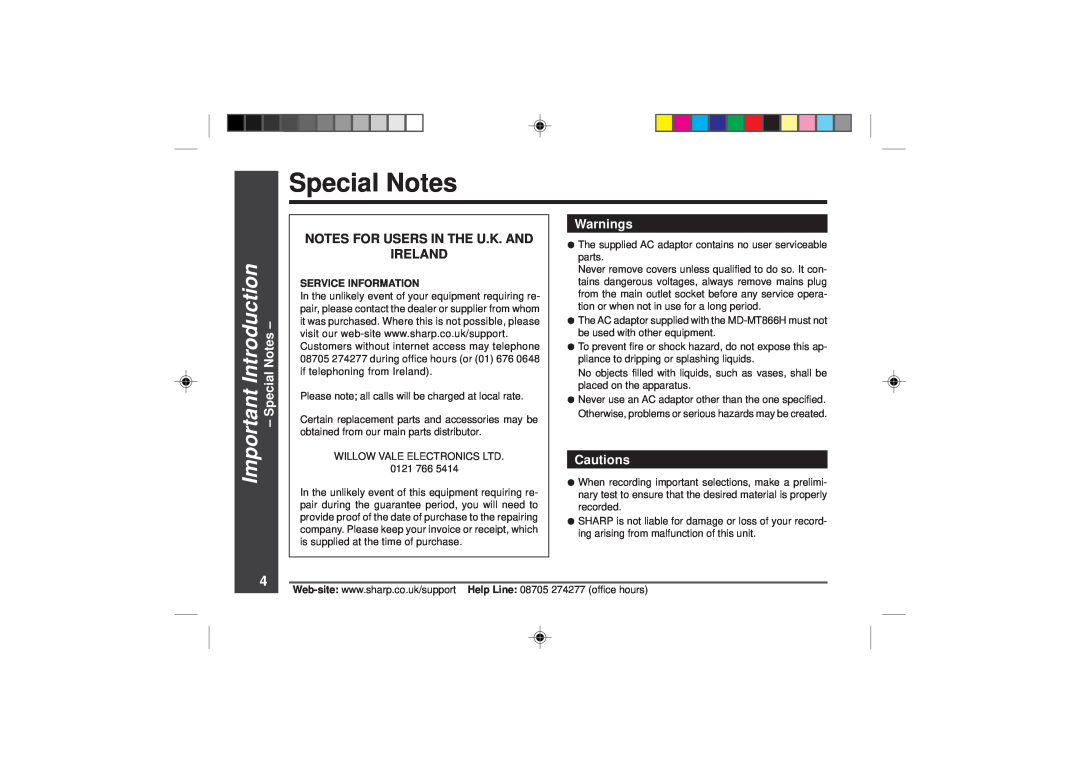Sharp MD-MT866H operation manual Special Notes, Important Introduction, Notes For Users In The U.K. And Ireland 