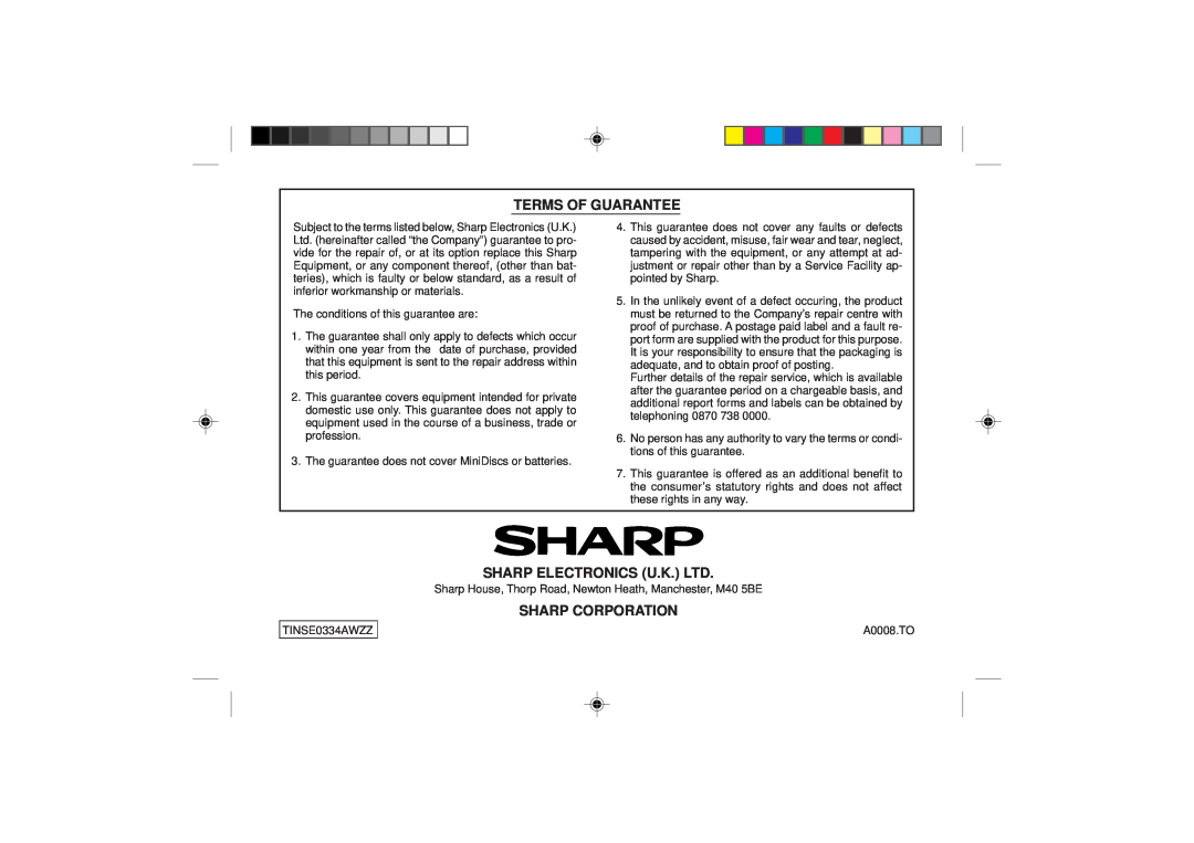 Sharp MD-MT866H operation manual Terms Of Guarantee, Sharp Electronics U.K. Ltd, Sharp Corporation 