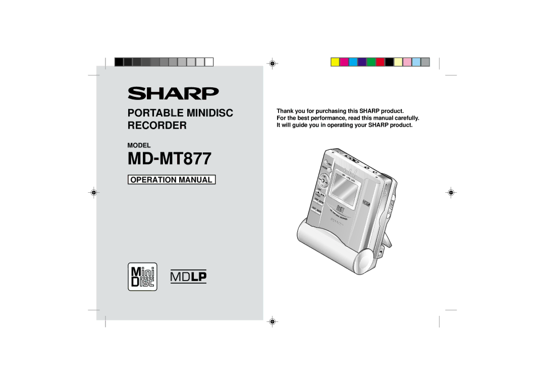 Sharp MD-MT877 operation manual Portable Minidisc Recorder, Thank you for purchasing this Sharp product 