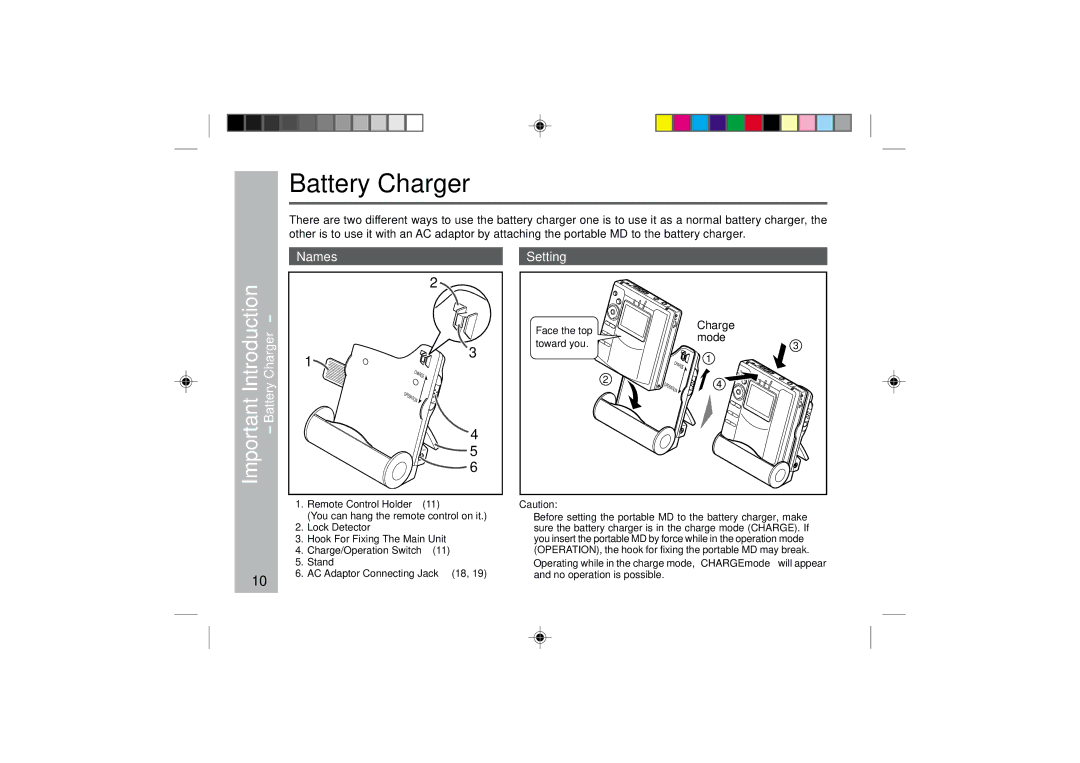 Sharp MD-MT877 operation manual Battery Charger, ImportantIntroduction, Names, Setting 