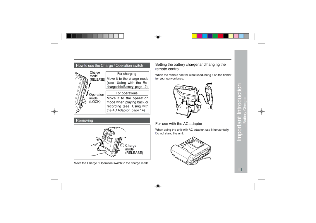 Sharp MD-MT877 How to use the Charge / Operation switch, Setting the battery charger and hanging the remote control 