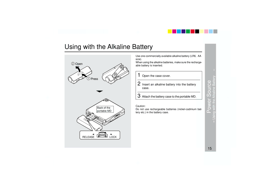 Sharp MD-MT877 operation manual Open Press, Open the case cover, Insert an alkaline battery into the battery, Case 