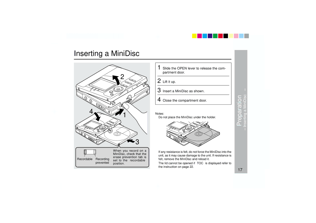 Sharp MD-MT877 operation manual Inserting a MiniDisc 