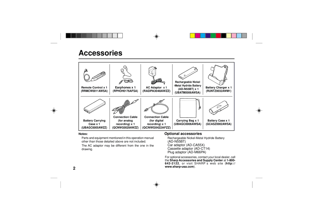 Sharp MD-MT877 operation manual Accessories, Optional accessories, Earphones x 