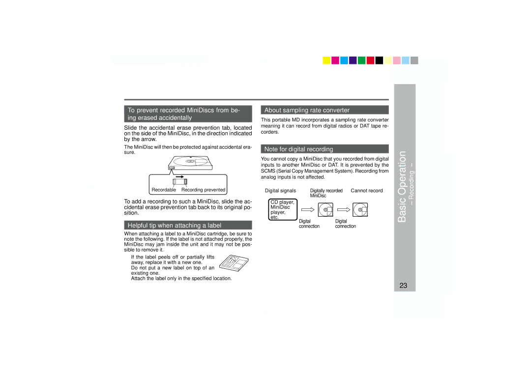 Sharp MD-MT877 operation manual Operation, Basic, About sampling rate converter, Helpful tip when attaching a label 