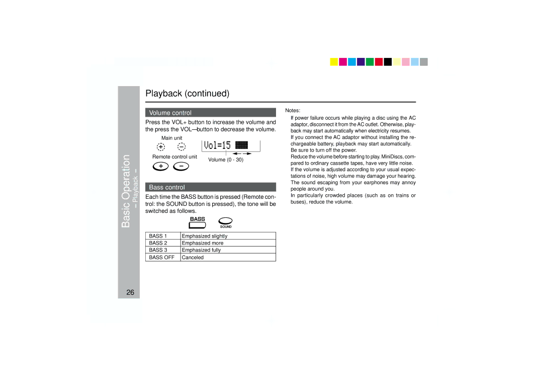 Sharp MD-MT877 operation manual Volume control, Bass control 