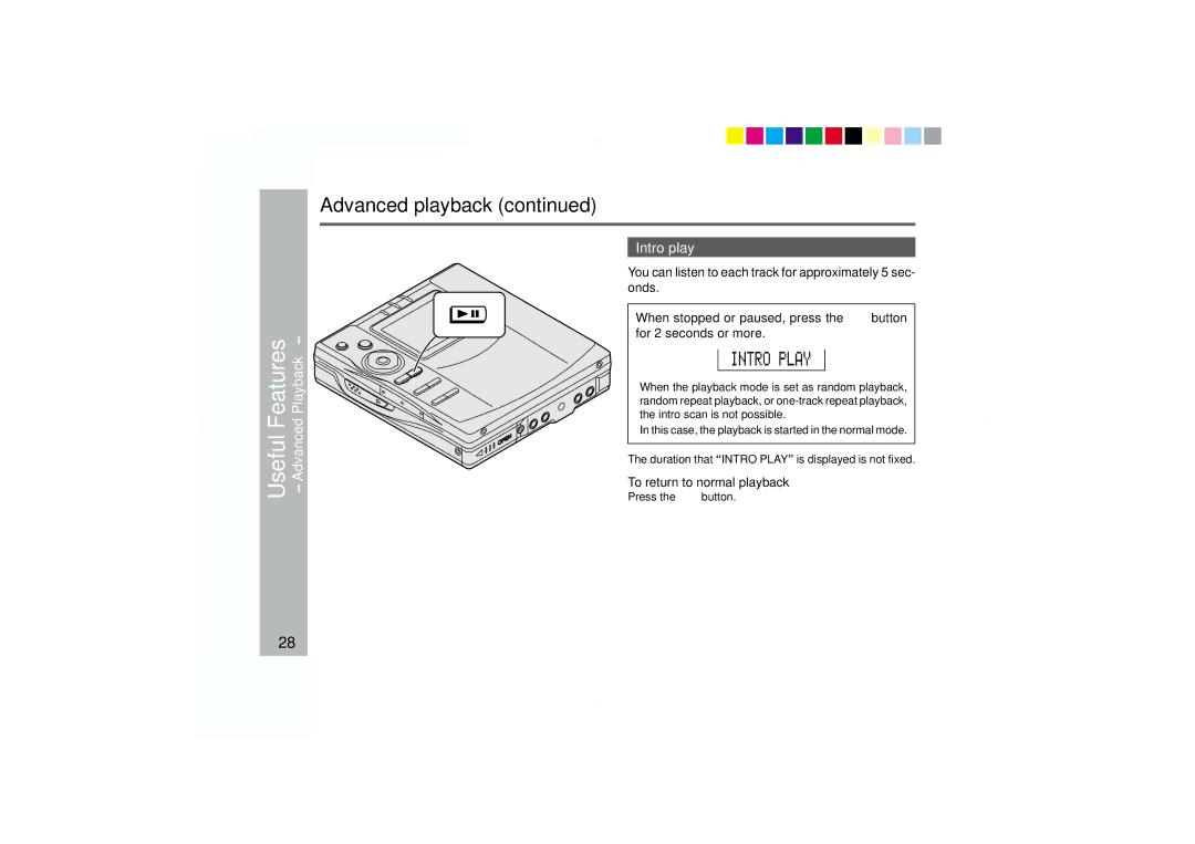 Sharp MD-MT877 operation manual UsefulFeatures, AdvancedPlayback, Intro play, To return to normal playback 