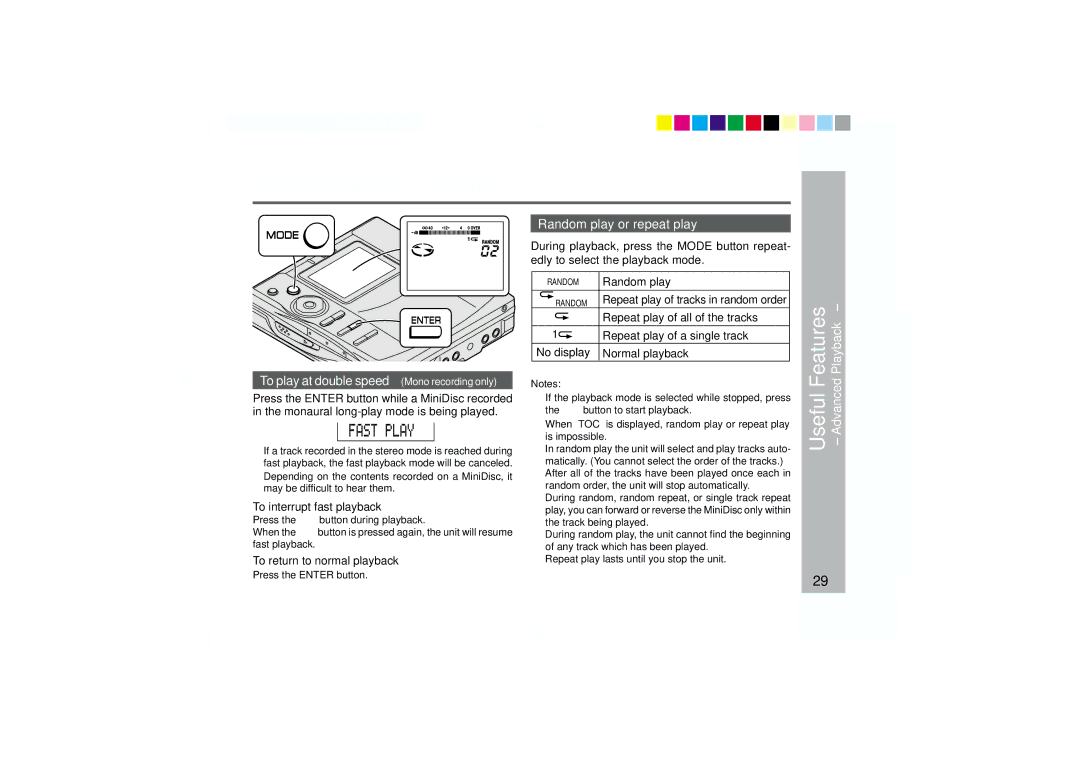 Sharp MD-MT877 To play at double speed Mono recording only, Random play or repeat play, To interrupt fast playback 