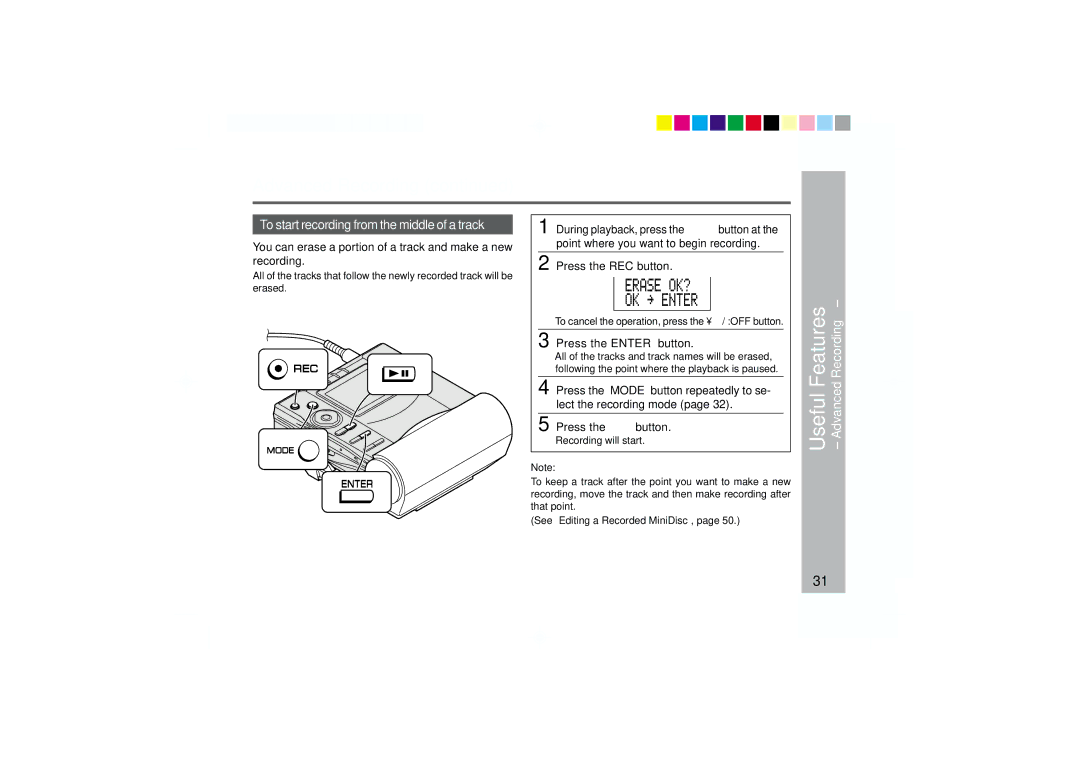 Sharp MD-MT877 operation manual To start recording from the middle of a track, Advanced Recording, Press the Enter button 