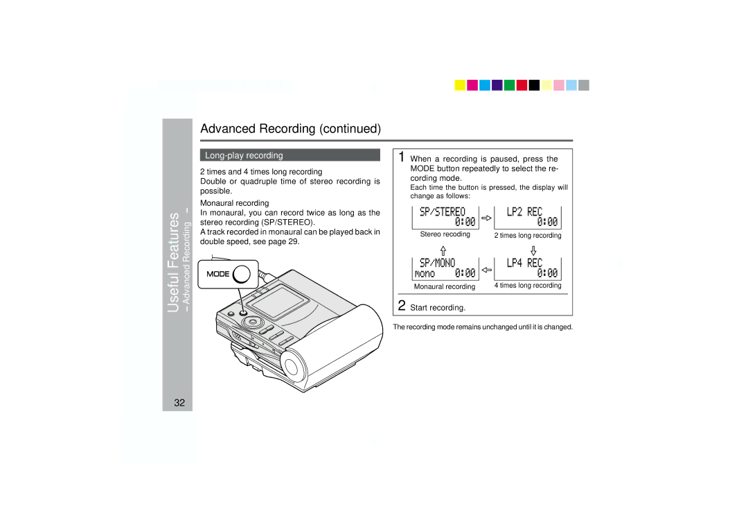 Sharp MD-MT877 operation manual Long-play recording, Times and 4 times long recording, Monaural recording, Start recording 