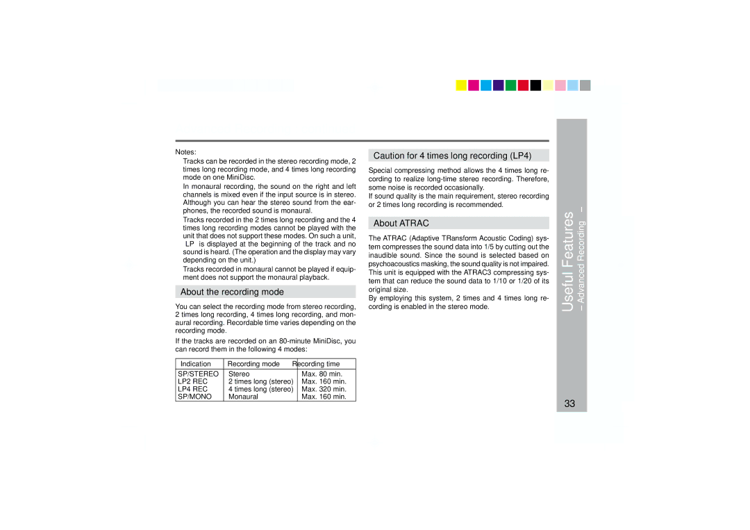 Sharp MD-MT877 operation manual About the recording mode, About Atrac, Indication Recording mode Recording time 