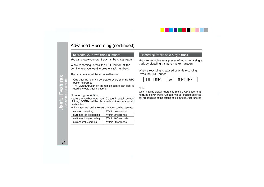 Sharp MD-MT877 operation manual To create your own track numbers, Recording tracks as a single track, Numbering restriction 