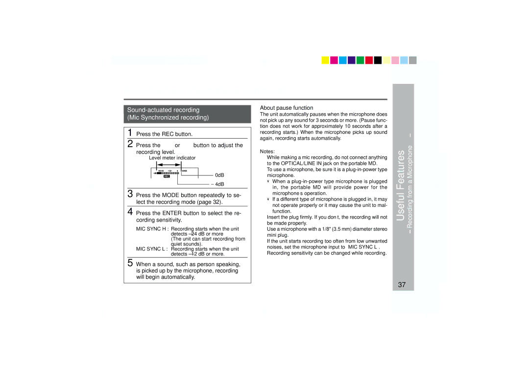 Sharp MD-MT877 operation manual Sound-actuated recording Mic Synchronized recording 