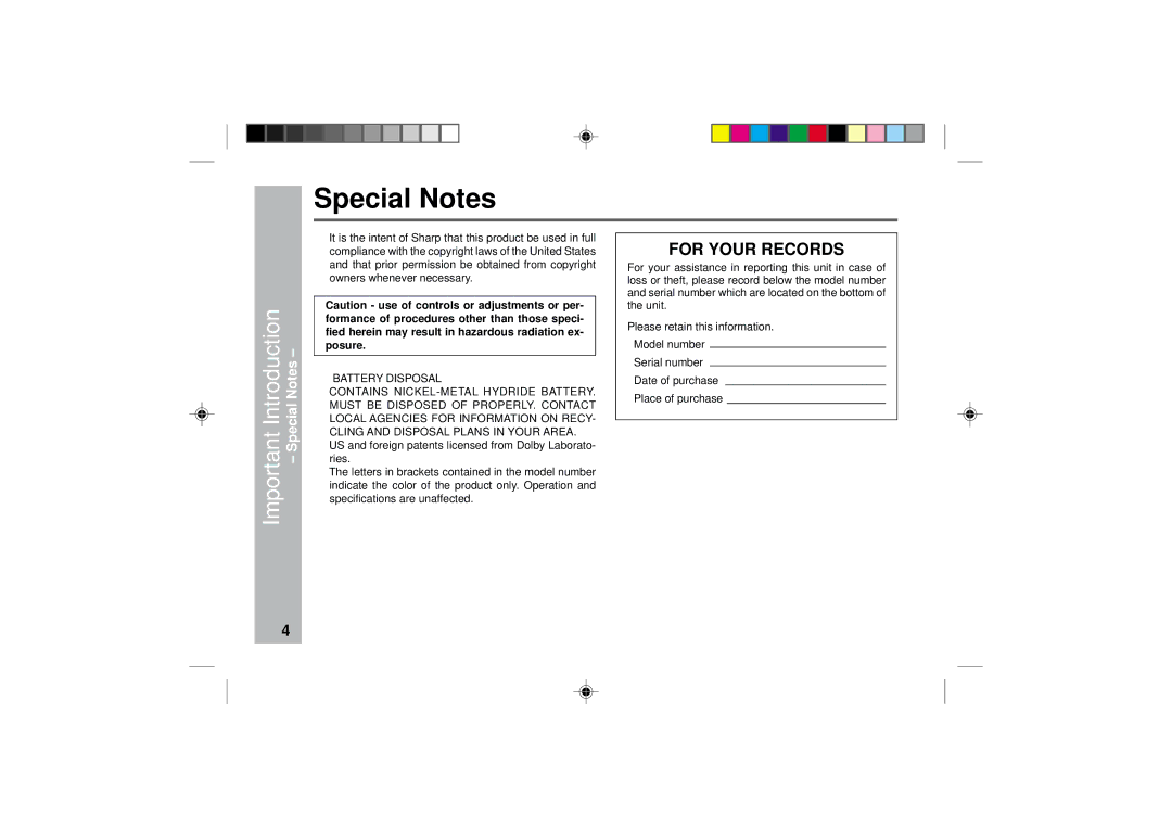 Sharp MD-MT877 operation manual Special Notes, Important Introduction 