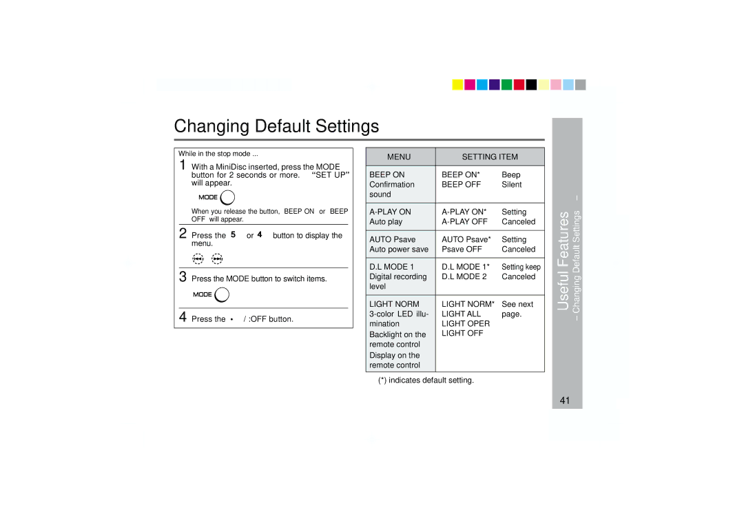 Sharp MD-MT877 operation manual Changing Default Settings, Auto Psave 