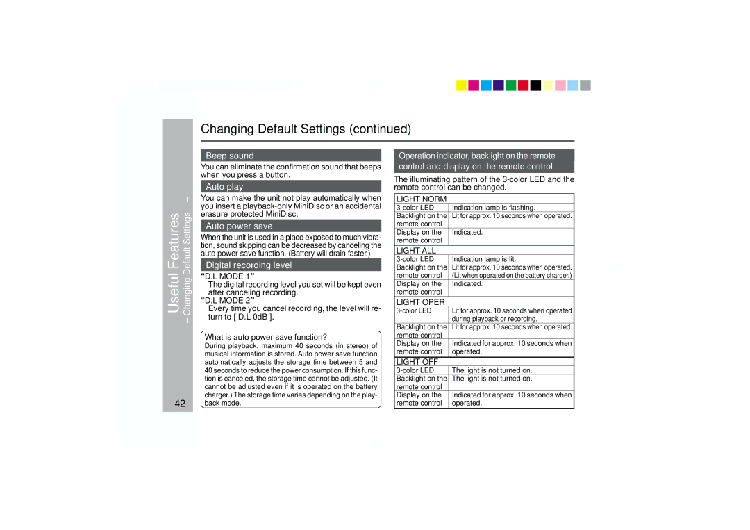 Sharp MD-MT877 operation manual ChangingDefaultSettings, Beep sound, Auto play, Auto power save, Digital recording level 