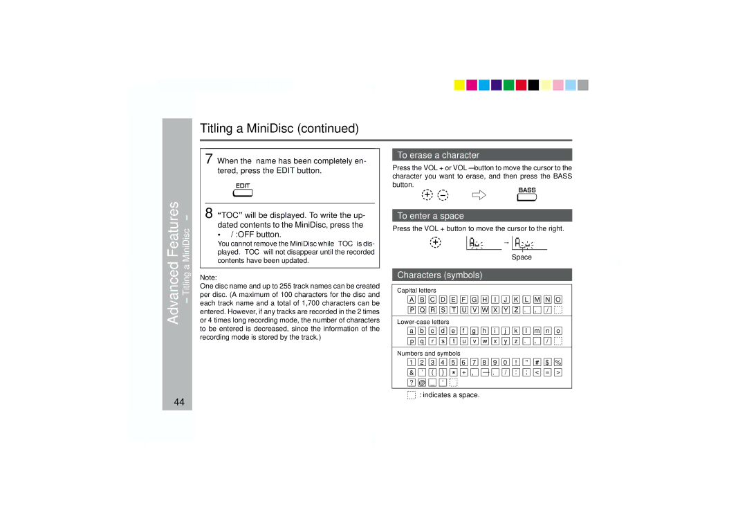 Sharp MD-MT877 AdvancedFeatures, TitlingaMiniDisc, To erase a character, To enter a space, Characters symbols 