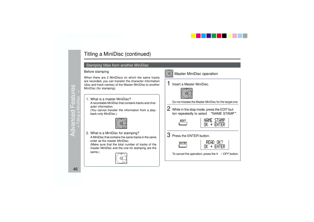 Sharp MD-MT877 operation manual Stamping titles from another MiniDisc, Master MiniDisc operation 