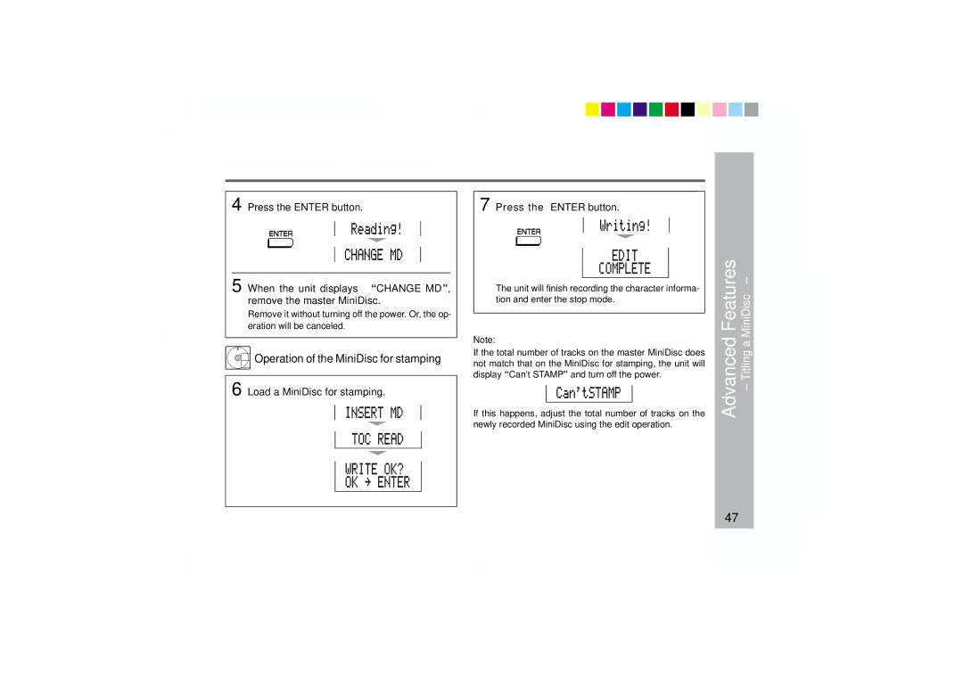 Sharp MD-MT877 operation manual Operation of the MiniDisc for stamping, Load a MiniDisc for stamping Press the Enter button 