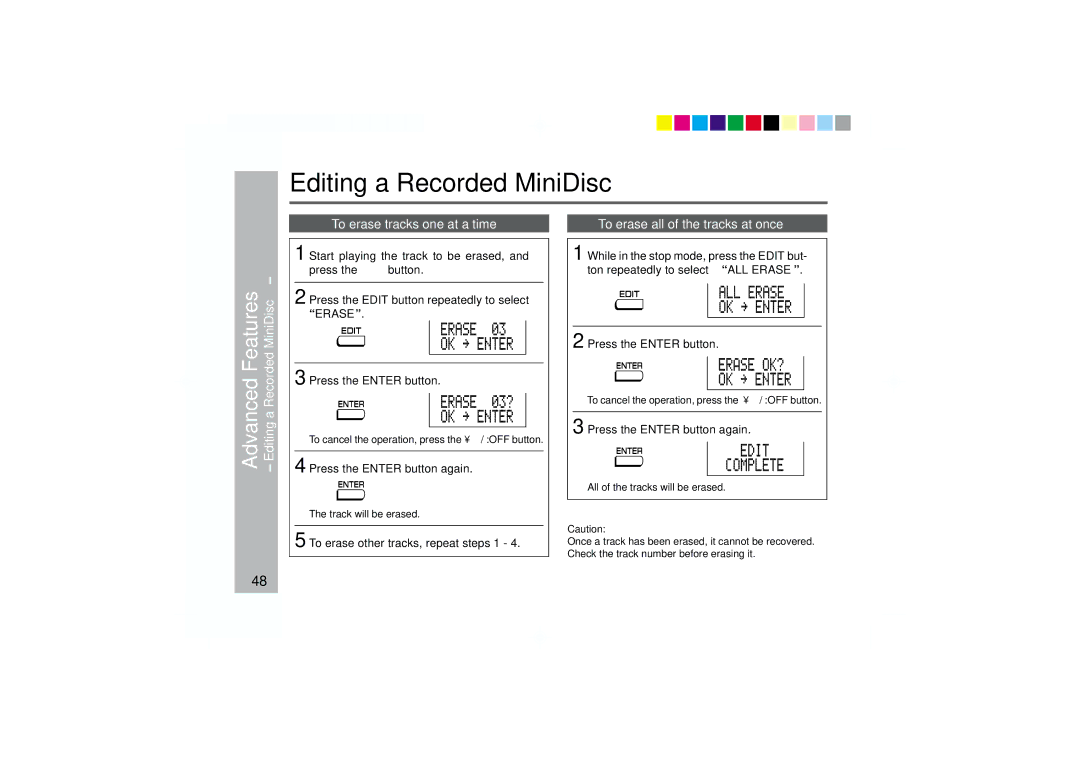 Sharp MD-MT877 operation manual Editing a Recorded MiniDisc, To erase tracks one at a time, EditingaRecordedMiniDisc 