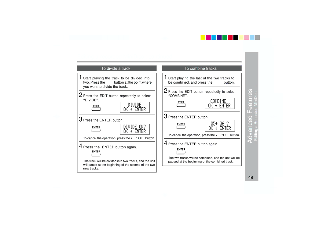 Sharp MD-MT877 operation manual To divide a track, To combine tracks, Press the Edit button repeatedly to select Divide 