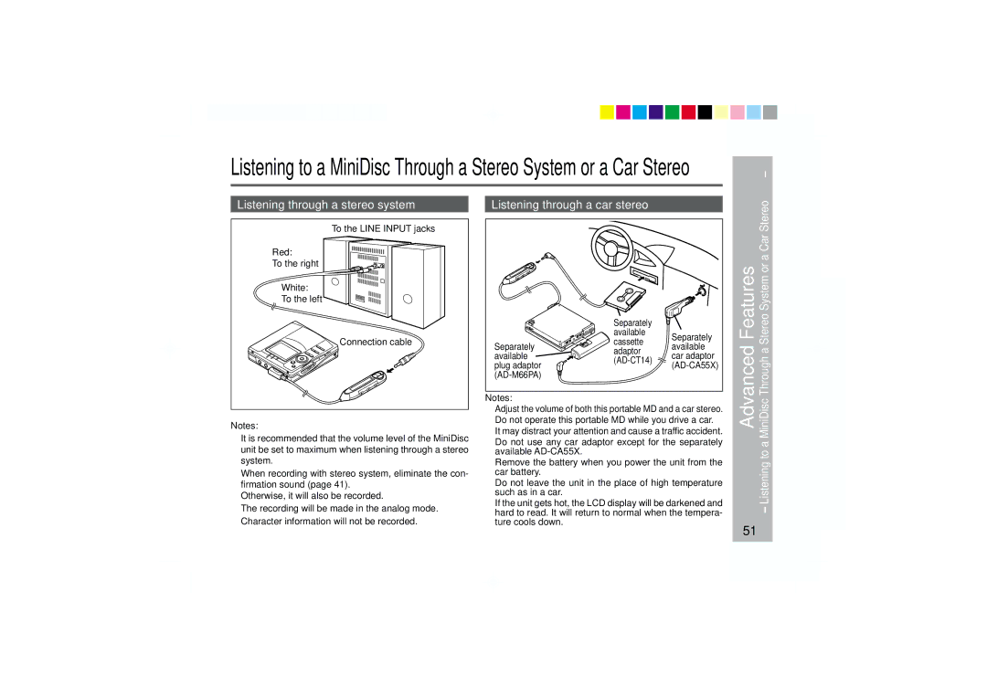 Sharp MD-MT877 Features, Advanced, Stereo Listening through a stereo system, Listening through a car stereo 