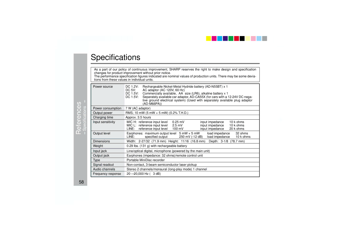 Sharp MD-MT877 operation manual Specifications 