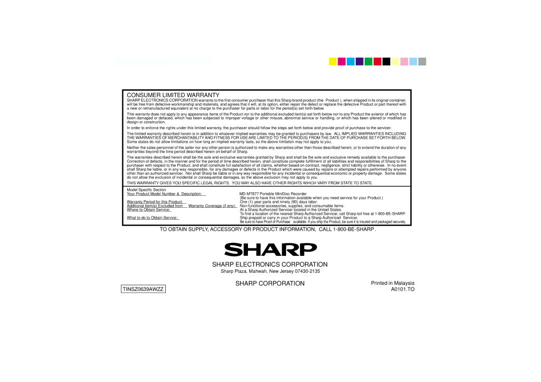 Sharp MD-MT877 operation manual Sharp Electronics Corporation 