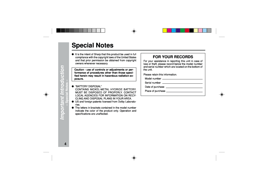 Sharp MD-MT877 operation manual Special Notes, Important Introduction, For Your Records 