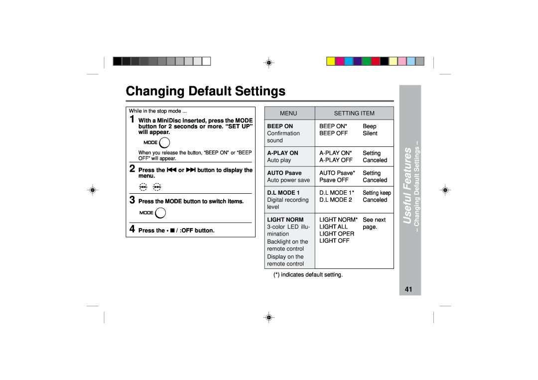 Sharp MD-MT877 Changing Default Settings, Press the 5 or 4 button to display the menu, Press the / OFF button, Menu, Beep 